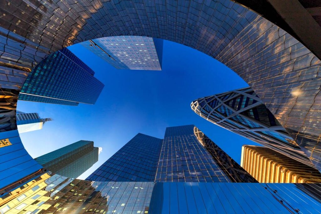 Up view of modern building of La Defense, Business district at the west of Paris, France